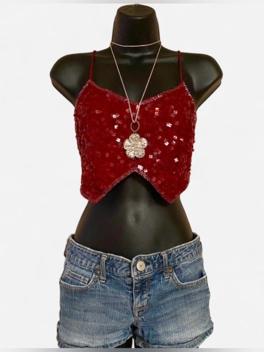 NWT Y2k Red Sequin Beaded Fairy Top with Lace Up Back Detailing